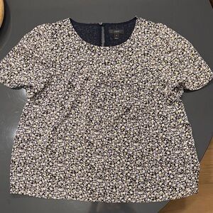 J. Crew Navy Floral Short Sleeve Top with White and Gold Blossoms